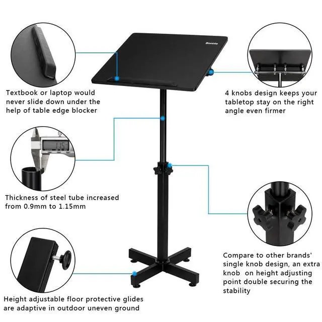 Alt view image 4 of 7 - Classic Lectern Podium Stand, Height Adjustable Mobile Podium, Multi-Purpose Tabletop for Speech, Lecture, Church, Reading or Laptop Desk with Edge Stopper, Black