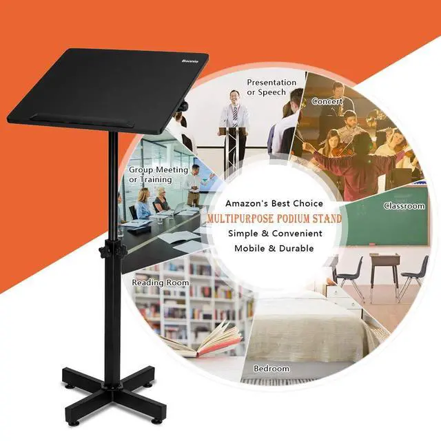 Alt view image 5 of 7 - Classic Lectern Podium Stand, Height Adjustable Mobile Podium, Multi-Purpose Tabletop for Speech, Lecture, Church, Reading or Laptop Desk with Edge Stopper, Black