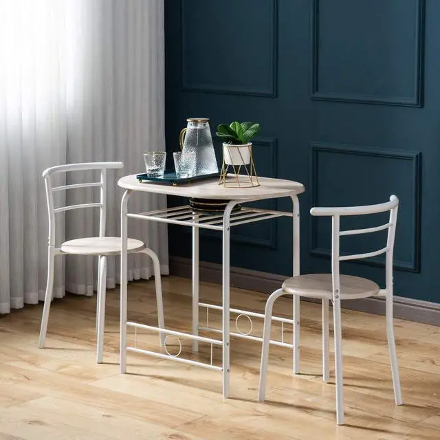 Alt view image 6 of 7 - 3 Piece Dining Set,Small Kitchen Table Set for 2,Breakfast Table Set,Kitchen Wooden Table and 2 Chairs for Small Space/Dining Room/Apartment,Metal Frame,Wine Rack,White&Light Oak