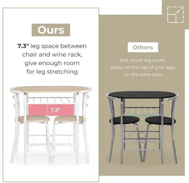 Alt view image 3 of 7 - 3 Piece Dining Set,Small Kitchen Table Set for 2,Breakfast Table Set,Kitchen Wooden Table and 2 Chairs for Small Space/Dining Room/Apartment,Metal Frame,Wine Rack,White&Light Oak