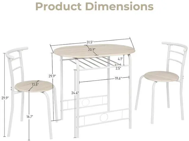 Alt view image 2 of 7 - 3 Piece Dining Set,Small Kitchen Table Set for 2,Breakfast Table Set,Kitchen Wooden Table and 2 Chairs for Small Space/Dining Room/Apartment,Metal Frame,Wine Rack,White&Light Oak