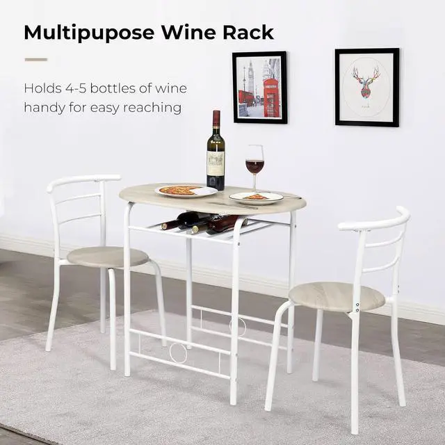 Alt view image 4 of 7 - 3 Piece Dining Set,Small Kitchen Table Set for 2,Breakfast Table Set,Kitchen Wooden Table and 2 Chairs for Small Space/Dining Room/Apartment,Metal Frame,Wine Rack,White&Light Oak