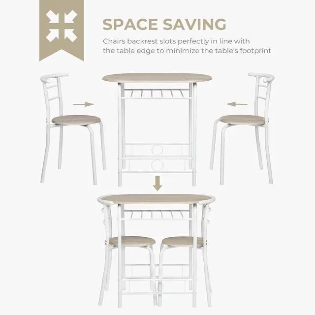 Alt view image 5 of 7 - 3 Piece Dining Set,Small Kitchen Table Set for 2,Breakfast Table Set,Kitchen Wooden Table and 2 Chairs for Small Space/Dining Room/Apartment,Metal Frame,Wine Rack,White&Light Oak