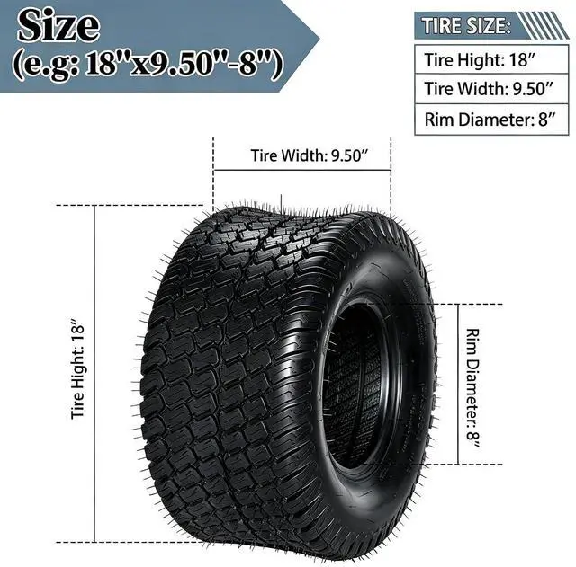 Alt view image 2 of 7 - 18x9.5-8 Lawn Mower Tires(2-Pack),4PR Turf Tire Fits Most Lawn & Garden Riding Mower Tractor Golf Cart Utility Vehicles,Tubeless