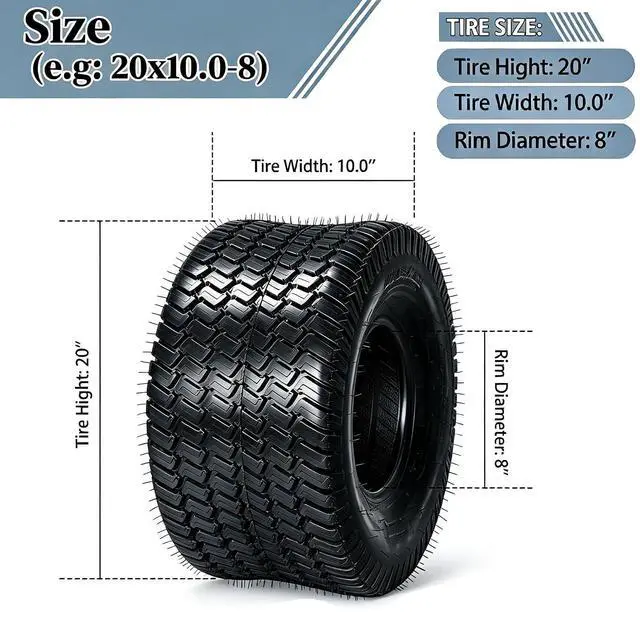 Alt view image 2 of 6 - 20x10.00-8 Lawn Mower Tires(2-Pack),4Ply Turf Tire Fits Most Lawn & Garden Riding Mower Tractor Golf Cart Utility Vehicles,20x10x8 Tubeless