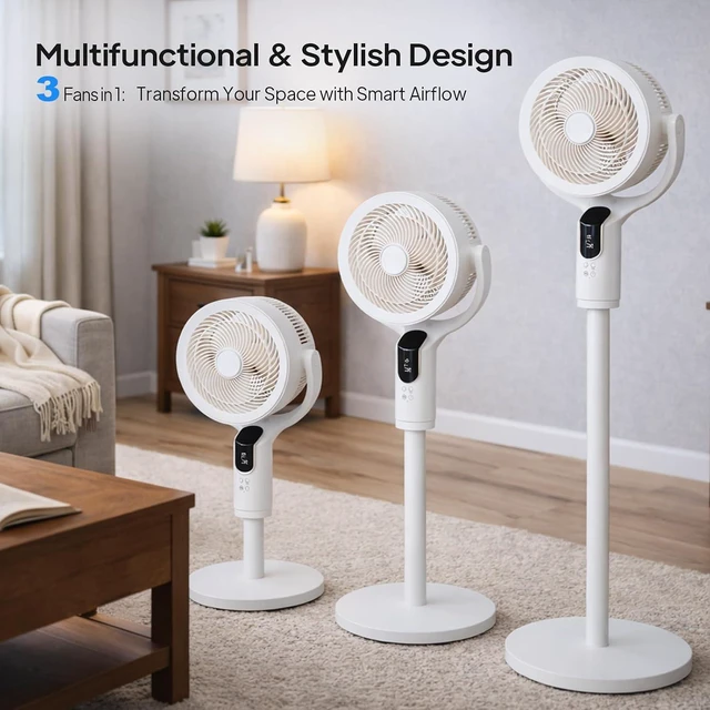 Alt view image 2 of 6 - 3-in-1 Standing Fan for Bedroom with Adjustable Height, Oscillating Fan with 90°+ 90° Omni-Directional Airflow, Pedestal & Tabletop Fan with 8 Speeds & 9H Timer for Home/Dorm/Office
