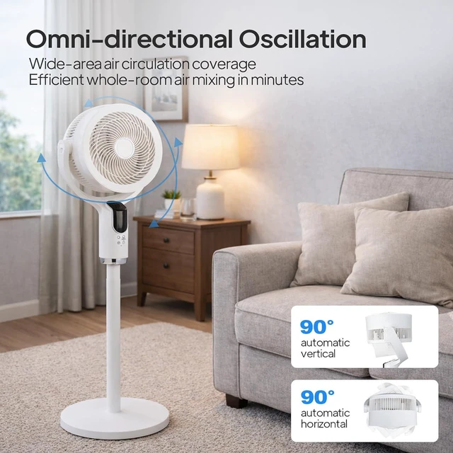 Alt view image 3 of 6 - 3-in-1 Standing Fan for Bedroom with Adjustable Height, Oscillating Fan with 90°+ 90° Omni-Directional Airflow, Pedestal & Tabletop Fan with 8 Speeds & 9H Timer for Home/Dorm/Office