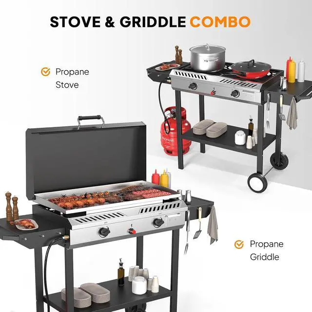Alt view image 2 of 7 - 2-in-1 Propane Stove and Griddle, Iginition Outdoor Gas Cooker with Storage Shelf and Portable Wheels, 2 Burner Camping Stove with 150000BTU Output for Backyard Cooking BBQ Frying and Boiling
