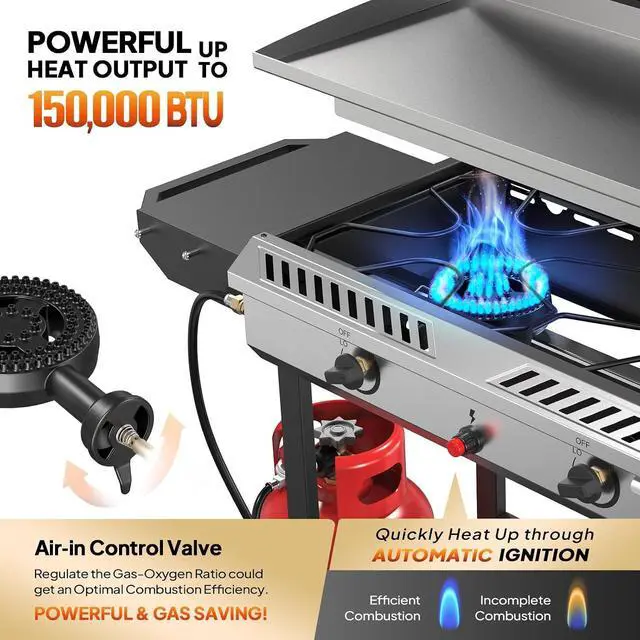 Alt view image 4 of 7 - 2-in-1 Propane Stove and Griddle, Iginition Outdoor Gas Cooker with Storage Shelf and Portable Wheels, 2 Burner Camping Stove with 150000BTU Output for Backyard Cooking BBQ Frying and Boiling