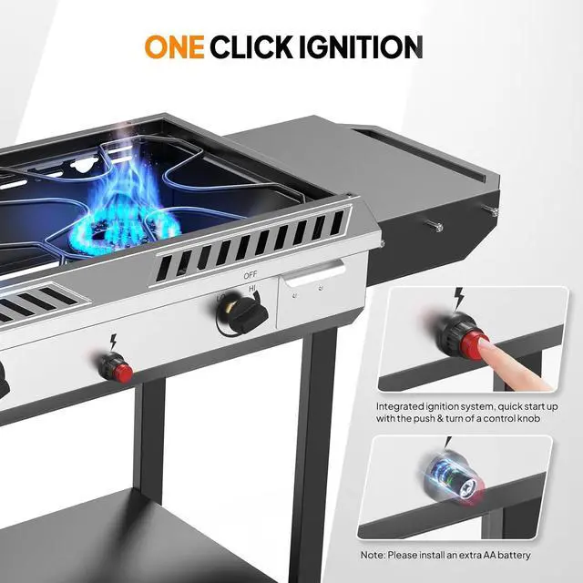 Alt view image 3 of 7 - 2-in-1 Propane Stove and Griddle, Iginition Outdoor Gas Cooker with Storage Shelf and Portable Wheels, 2 Burner Camping Stove with 150000BTU Output for Backyard Cooking BBQ Frying and Boiling