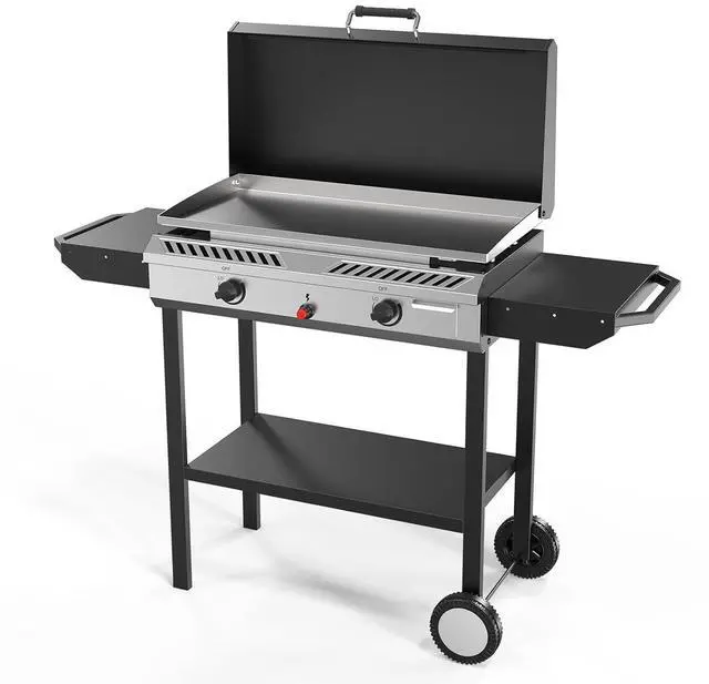 Main image of 2-in-1 Propane Stove and Griddle, Iginition Outdoor Gas Cooker with Storage Shelf and Portable Wheels, 2 Burner Camping Stove with 150000BTU Output for Backyard Cooking BBQ Frying and Boiling