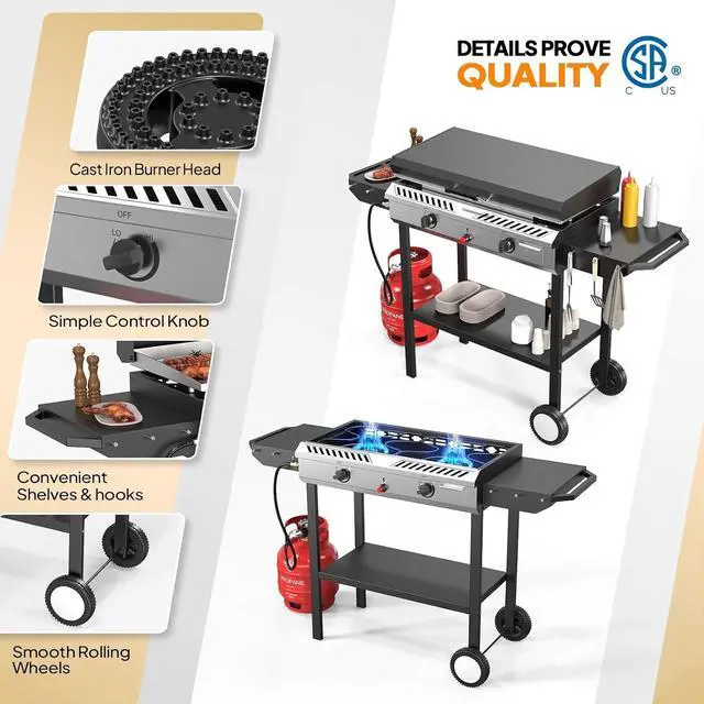 Alt view image 5 of 7 - 2-in-1 Propane Stove and Griddle, Iginition Outdoor Gas Cooker with Storage Shelf and Portable Wheels, 2 Burner Camping Stove with 150000BTU Output for Backyard Cooking BBQ Frying and Boiling