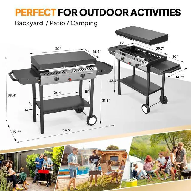 Alt view image 6 of 7 - 2-in-1 Propane Stove and Griddle, Iginition Outdoor Gas Cooker with Storage Shelf and Portable Wheels, 2 Burner Camping Stove with 150000BTU Output for Backyard Cooking BBQ Frying and Boiling