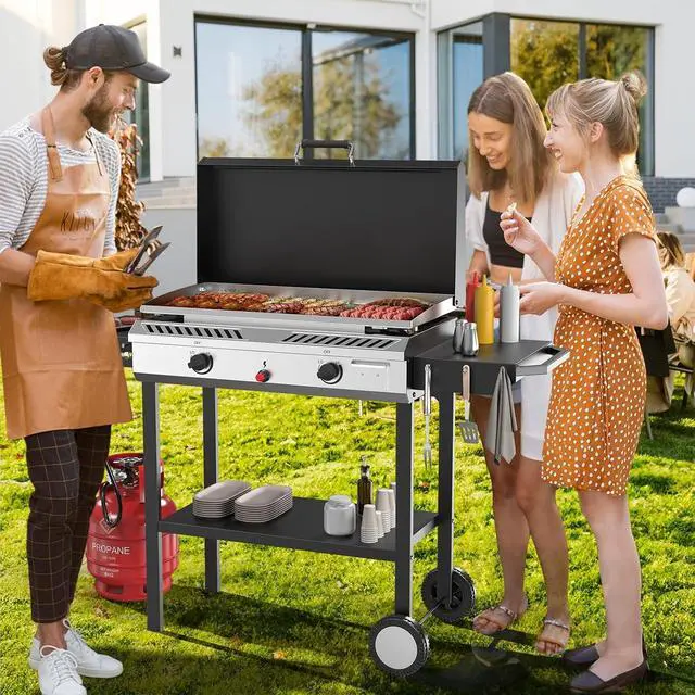 Alt view image 7 of 7 - 2-in-1 Propane Stove and Griddle, Iginition Outdoor Gas Cooker with Storage Shelf and Portable Wheels, 2 Burner Camping Stove with 150000BTU Output for Backyard Cooking BBQ Frying and Boiling