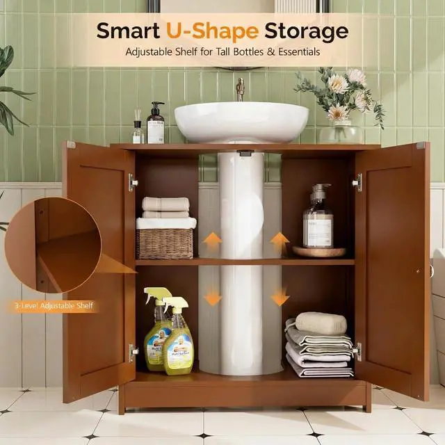 Alt view image 4 of 7 - Pedestal Sink Storage Cabinet, 24" Espresso Under Sink Bathroom Storage Cabinet with 2 Doors and Adjustable Shelf, Traditional Bathroom Space Saver Organizer for Small Spaces, Water-Resistant