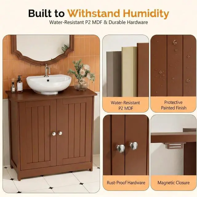Alt view image 5 of 7 - Pedestal Sink Storage Cabinet, 24" Espresso Under Sink Bathroom Storage Cabinet with 2 Doors and Adjustable Shelf, Traditional Bathroom Space Saver Organizer for Small Spaces, Water-Resistant