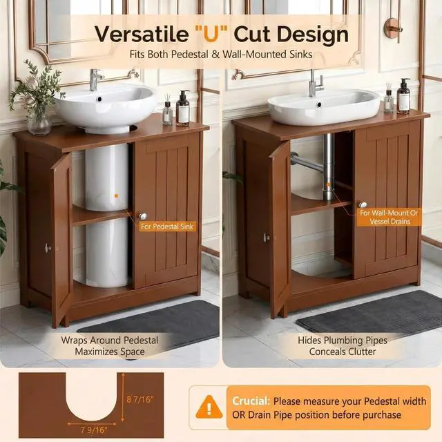 Alt view image 6 of 7 - Pedestal Sink Storage Cabinet, 24" Espresso Under Sink Bathroom Storage Cabinet with 2 Doors and Adjustable Shelf, Traditional Bathroom Space Saver Organizer for Small Spaces, Water-Resistant