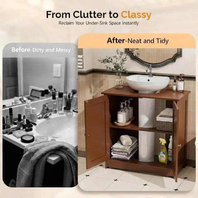 Alt view image 7 of 7 - Pedestal Sink Storage Cabinet, 24" Espresso Under Sink Bathroom Storage Cabinet with 2 Doors and Adjustable Shelf, Traditional Bathroom Space Saver Organizer for Small Spaces, Water-Resistant