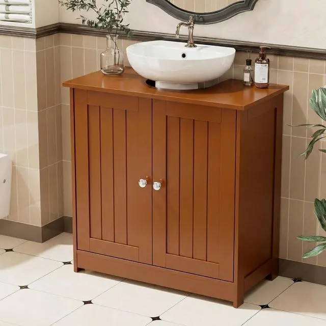 Alt view image 2 of 7 - Pedestal Sink Storage Cabinet, 24" Espresso Under Sink Bathroom Storage Cabinet with 2 Doors and Adjustable Shelf, Traditional Bathroom Space Saver Organizer for Small Spaces, Water-Resistant