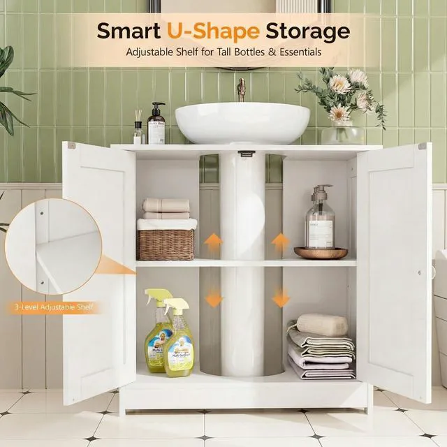 Alt view image 4 of 7 - Pedestal Sink Storage Cabinet with 2 Doors Traditional Under Sink Cabinet Bathroom Space Saver Organizer with Adjustable Shelf White 23 5/8" W x 11 7/16" D x 23 5/8" H