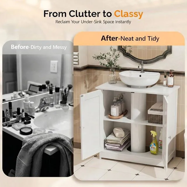 Alt view image 6 of 7 - Pedestal Sink Storage Cabinet with 2 Doors Traditional Under Sink Cabinet Bathroom Space Saver Organizer with Adjustable Shelf White 23 5/8" W x 11 7/16" D x 23 5/8" H