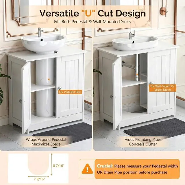 Alt view image 7 of 7 - Pedestal Sink Storage Cabinet with 2 Doors Traditional Under Sink Cabinet Bathroom Space Saver Organizer with Adjustable Shelf White 23 5/8" W x 11 7/16" D x 23 5/8" H