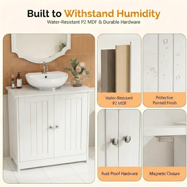 Alt view image 5 of 7 - Pedestal Sink Storage Cabinet with 2 Doors Traditional Under Sink Cabinet Bathroom Space Saver Organizer with Adjustable Shelf White 23 5/8" W x 11 7/16" D x 23 5/8" H