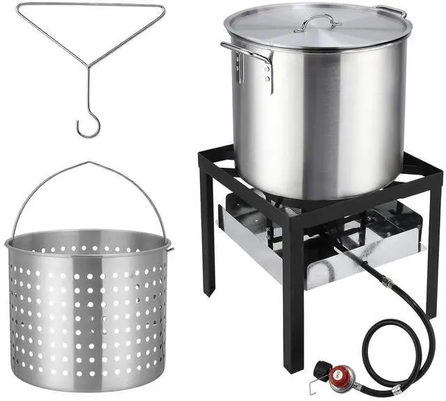 Main image of 60QT Turkey Fryer & Crawfish Boiler w/ 150,000 BTU Propane Burner Set, Aluminum Seafood Boil Pot w/Basket, Crab Boil Pot, Crab Steaming, Outdoor Cooking Deep Fryer w/ 10 PSI Regulator & Hose