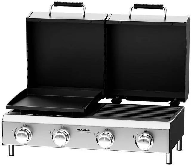 Main image of 4 Burners Gas Flat Top Grill and Griddle Combo with Lid, Powerful 40,000 BTU Grills with Integrated Ignition & Heat-resistant coating, Camping Grill with Simple Control Knob for Outdoor BBQ Use