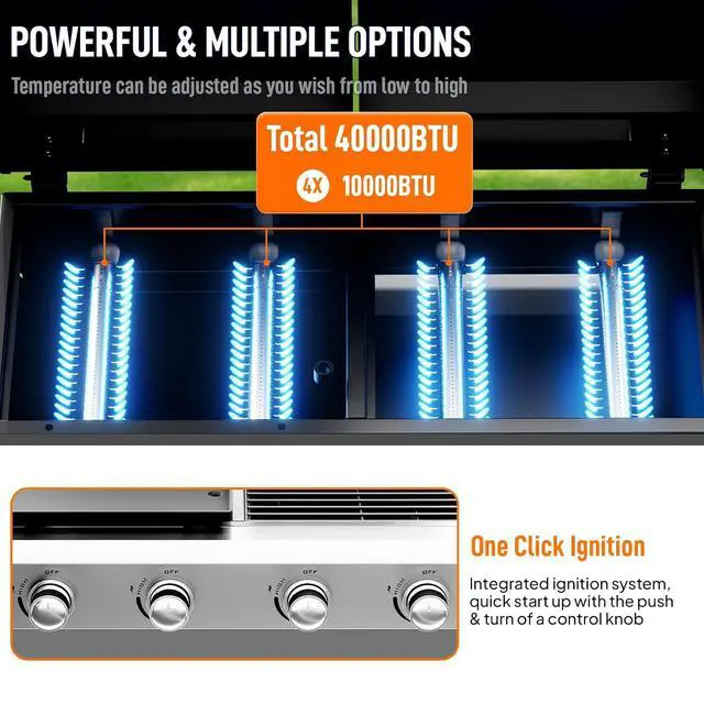 Alt view image 2 of 7 - 4 Burners Gas Flat Top Grill and Griddle Combo with Lid, Powerful 40,000 BTU Grills with Integrated Ignition & Heat-resistant coating, Camping Grill with Simple Control Knob for Outdoor BBQ Use