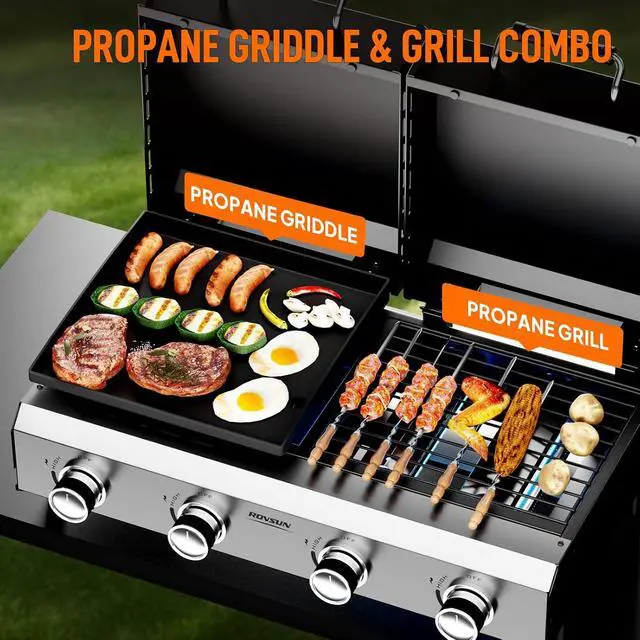 Alt view image 3 of 7 - 4 Burners Gas Flat Top Grill and Griddle Combo with Lid, Powerful 40,000 BTU Grills with Integrated Ignition & Heat-resistant coating, Camping Grill with Simple Control Knob for Outdoor BBQ Use