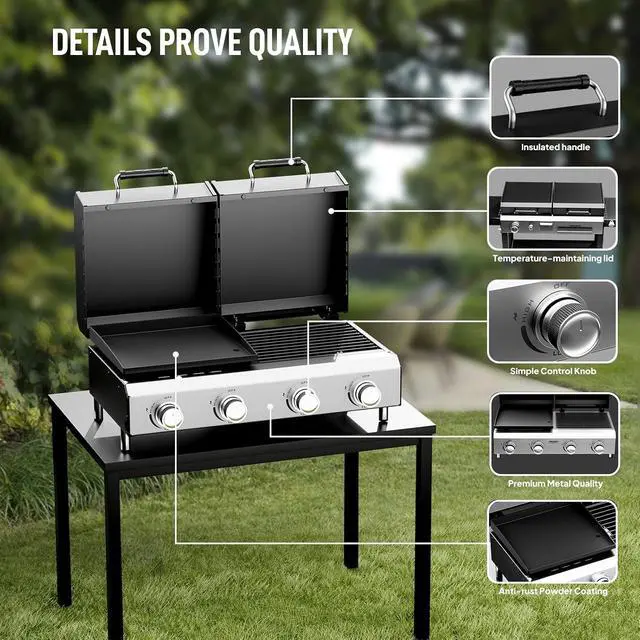 Alt view image 4 of 7 - 4 Burners Gas Flat Top Grill and Griddle Combo with Lid, Powerful 40,000 BTU Grills with Integrated Ignition & Heat-resistant coating, Camping Grill with Simple Control Knob for Outdoor BBQ Use