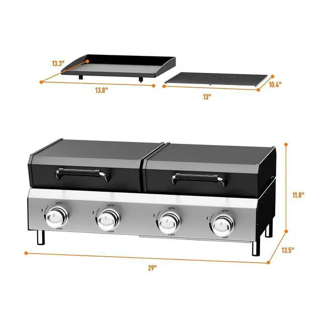 Alt view image 6 of 7 - 4 Burners Gas Flat Top Grill and Griddle Combo with Lid, Powerful 40,000 BTU Grills with Integrated Ignition & Heat-resistant coating, Camping Grill with Simple Control Knob for Outdoor BBQ Use