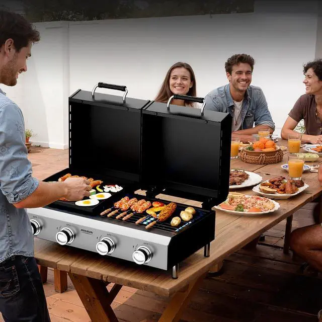 Alt view image 7 of 7 - 4 Burners Gas Flat Top Grill and Griddle Combo with Lid, Powerful 40,000 BTU Grills with Integrated Ignition & Heat-resistant coating, Camping Grill with Simple Control Knob for Outdoor BBQ Use