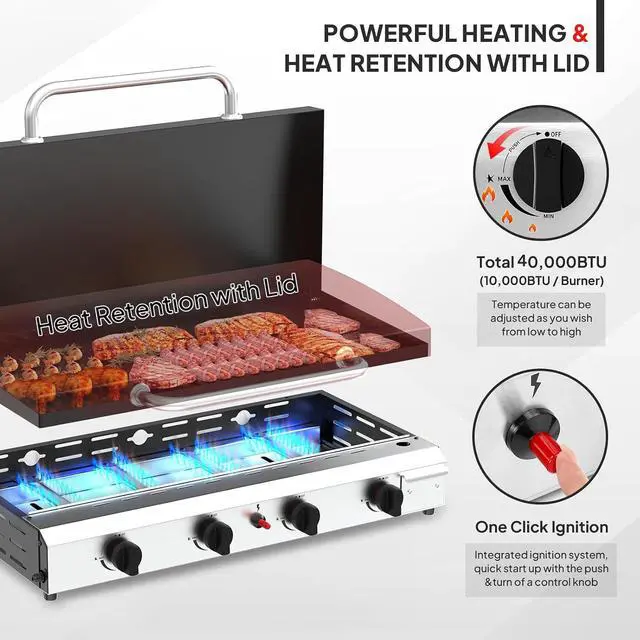Alt view image 2 of 7 - 4 Burner Portable Propane Griddle with Lid, 40000BTU Tabletop Flat Gas Grill with Ignition and Oil Collector, Camping Griddle for Outdoor Cooking Patio Backyard Sandbeach BBQ Party