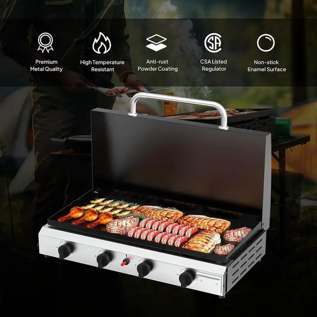 Alt view image 4 of 7 - 4 Burner Portable Propane Griddle with Lid, 40000BTU Tabletop Flat Gas Grill with Ignition and Oil Collector, Camping Griddle for Outdoor Cooking Patio Backyard Sandbeach BBQ Party
