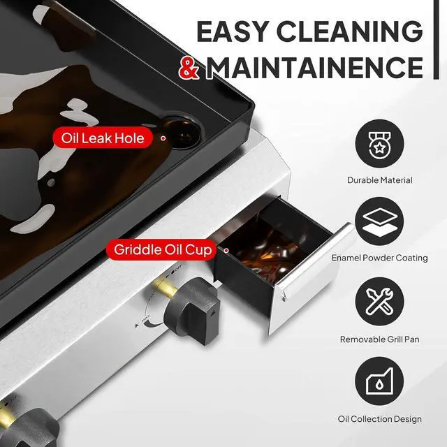 Alt view image 3 of 7 - 4 Burner Portable Propane Griddle with Lid, 40000BTU Tabletop Flat Gas Grill with Ignition and Oil Collector, Camping Griddle for Outdoor Cooking Patio Backyard Sandbeach BBQ Party