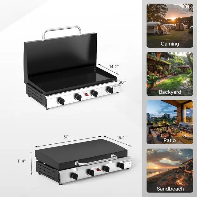 Alt view image 6 of 7 - 4 Burner Portable Propane Griddle with Lid, 40000BTU Tabletop Flat Gas Grill with Ignition and Oil Collector, Camping Griddle for Outdoor Cooking Patio Backyard Sandbeach BBQ Party