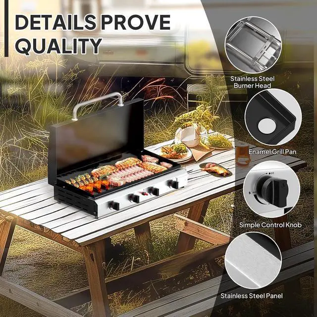 Alt view image 5 of 7 - 4 Burner Portable Propane Griddle with Lid, 40000BTU Tabletop Flat Gas Grill with Ignition and Oil Collector, Camping Griddle for Outdoor Cooking Patio Backyard Sandbeach BBQ Party