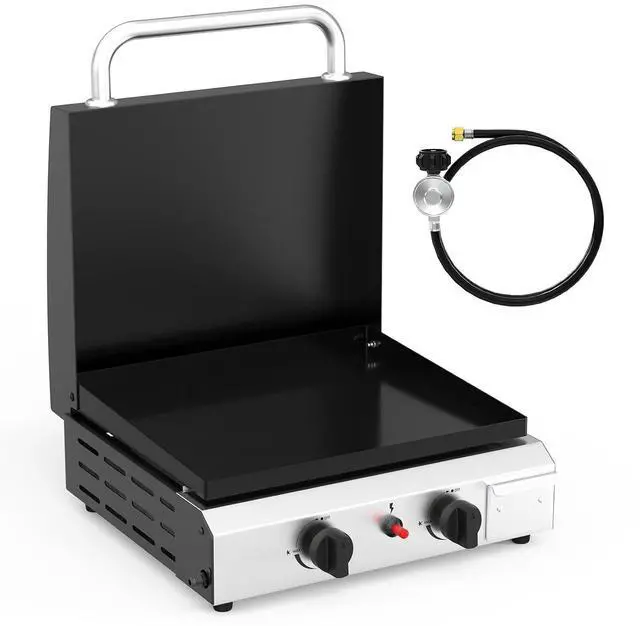 Main image of 2 Burner Portable Propane Griddle with Lid, 20000BTU Tabletop Flat Gas Grill with Ignition and Oil Collector, Camping Griddle for Outdoor Cooking Patio Backyard Sandbeach BBQ Party