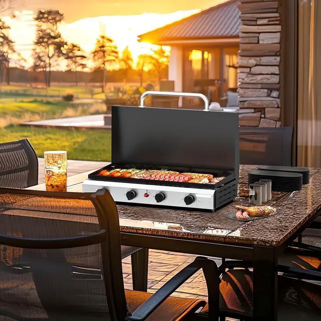Alt view image 7 of 7 - 4 Burner Portable Propane Griddle with Lid, 40000BTU Tabletop Flat Gas Grill with Ignition and Oil Collector, Camping Griddle for Outdoor Cooking Patio Backyard Sandbeach BBQ Party