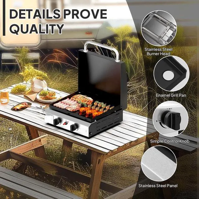 Alt view image 4 of 7 - 2 Burner Portable Propane Griddle with Lid, 20000BTU Tabletop Flat Gas Grill with Ignition and Oil Collector, Camping Griddle for Outdoor Cooking Patio Backyard Sandbeach BBQ Party
