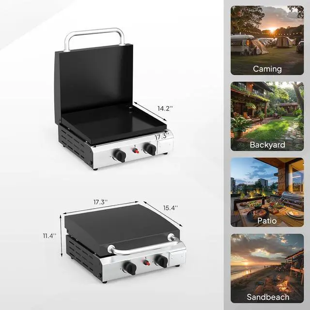 Alt view image 6 of 7 - 2 Burner Portable Propane Griddle with Lid, 20000BTU Tabletop Flat Gas Grill with Ignition and Oil Collector, Camping Griddle for Outdoor Cooking Patio Backyard Sandbeach BBQ Party
