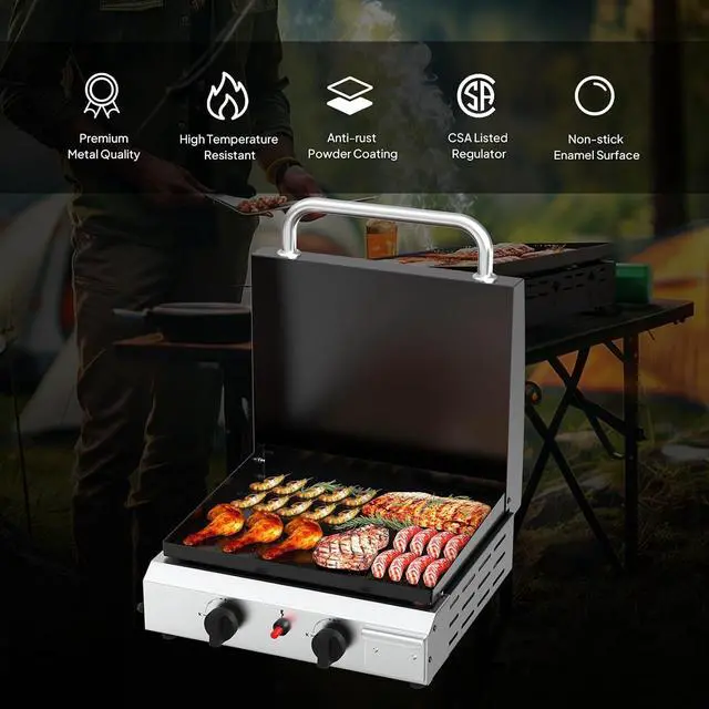 Alt view image 5 of 7 - 2 Burner Portable Propane Griddle with Lid, 20000BTU Tabletop Flat Gas Grill with Ignition and Oil Collector, Camping Griddle for Outdoor Cooking Patio Backyard Sandbeach BBQ Party