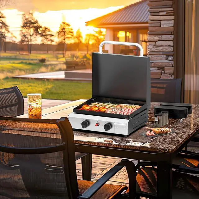 Alt view image 7 of 7 - 2 Burner Portable Propane Griddle with Lid, 20000BTU Tabletop Flat Gas Grill with Ignition and Oil Collector, Camping Griddle for Outdoor Cooking Patio Backyard Sandbeach BBQ Party