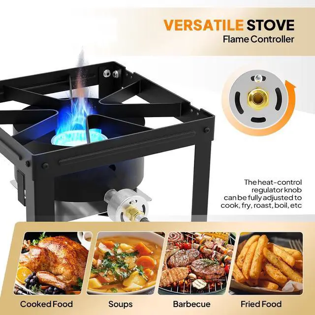 Alt view image 3 of 7 - Single Burner Propane Stove with Foldable Side Shelf, 75000BTU Portable Propane Burner with Adjustment Regulator, Gas Stove for Outdoor Camping Patio Cooking Turkey Frying Seafood Boiling