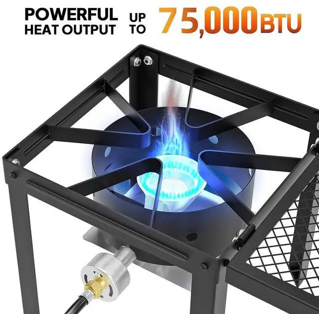 Alt view image 2 of 7 - Single Burner Propane Stove with Foldable Side Shelf, 75000BTU Portable Propane Burner with Adjustment Regulator, Gas Stove for Outdoor Camping Patio Cooking Turkey Frying Seafood Boiling