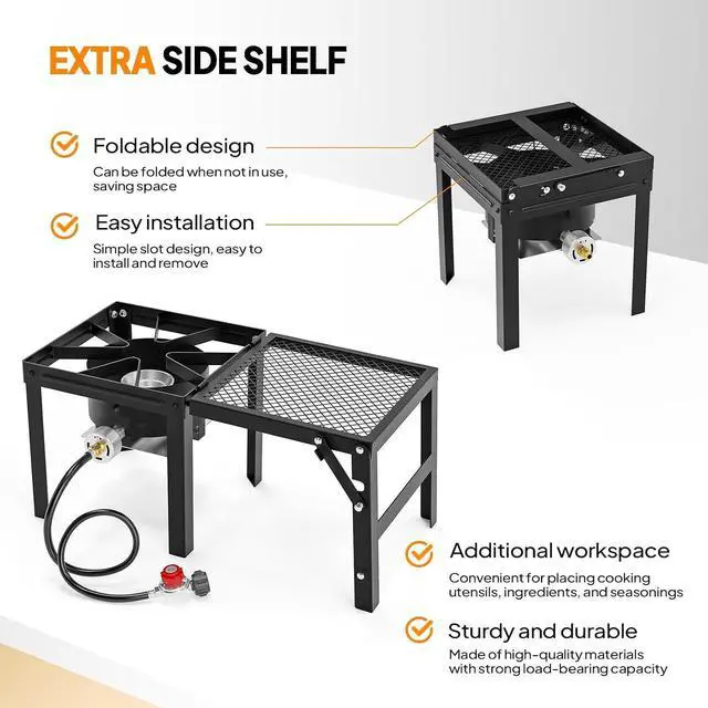 Alt view image 5 of 7 - Single Burner Propane Stove with Foldable Side Shelf, 75000BTU Portable Propane Burner with Adjustment Regulator, Gas Stove for Outdoor Camping Patio Cooking Turkey Frying Seafood Boiling
