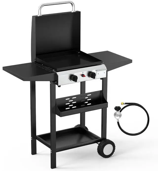 Main image of 20000BTU Propane Griddle with Lid and Ignition, Standing Flat Top Gas Grill with Portable Rolling Wheels and Storage Shelf, 2 Burner Camping Cooker for Patio Backyard Outdoor Cooking BBQ