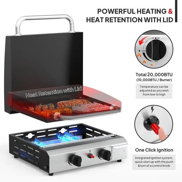 Alt view image 2 of 7 - 20000BTU Propane Griddle with Lid and Ignition, Standing Flat Top Gas Grill with Portable Rolling Wheels and Storage Shelf, 2 Burner Camping Cooker for Patio Backyard Outdoor Cooking BBQ